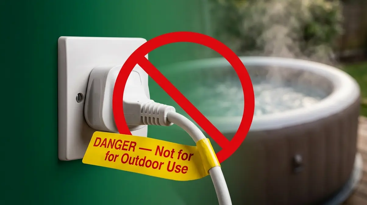 Common hot tub electrical mistake showing indoor extension lead incorrectly used outdoors near hot tub