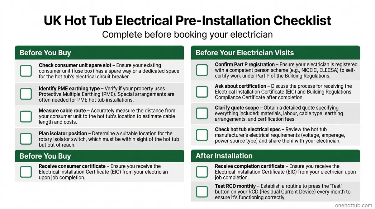 UK hot tub electrical pre-installation checklist for homeowners covering Part P and BS 7671 compliance
