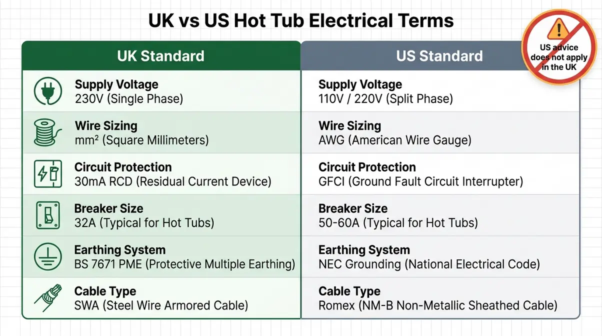 Hot tub electrical requirements UK vs US comparison showing 230V UK standard against 110V US standard