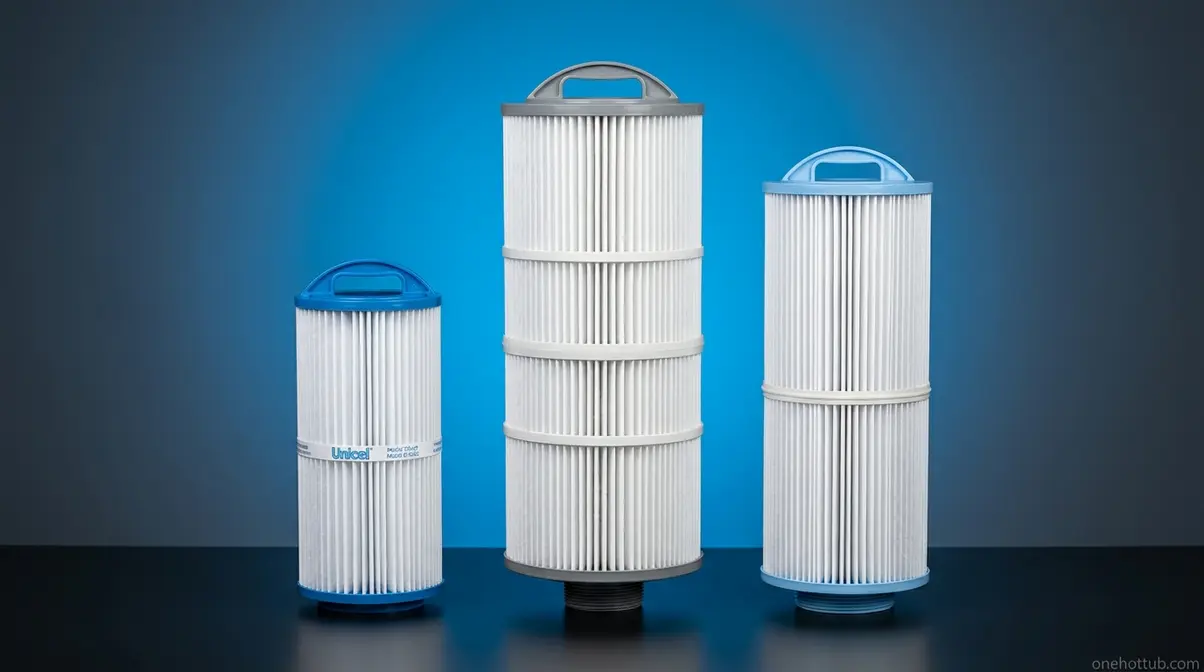 Various brand-specific hot tub filter replacement cartridges side by side