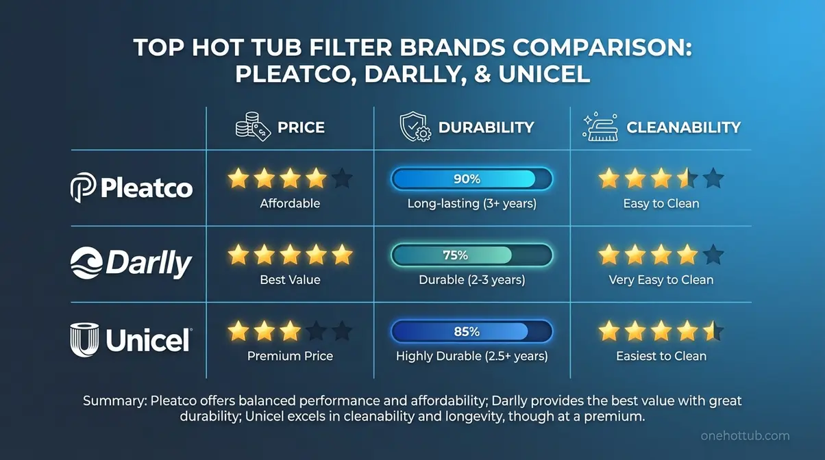comparison chart of top hot tub filter brands pleatco darlly unicel showing price durability and cleanability ratings for uk buyers