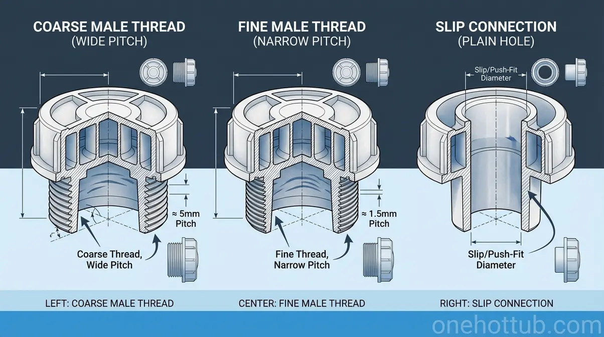 visual guide showing three hot tub filter end cap types coarse male thread fine male thread and slip connection with labels