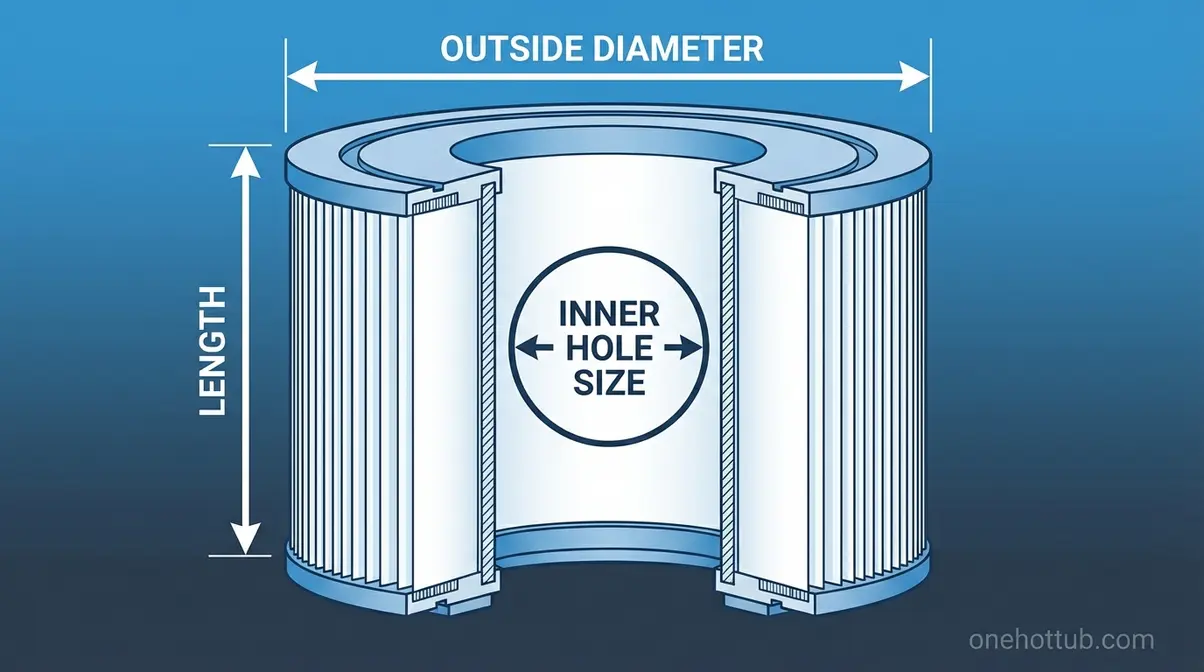 diagram showing where to measure hot tub filter outside diameter, length, and inner hole size with labelled arrows
