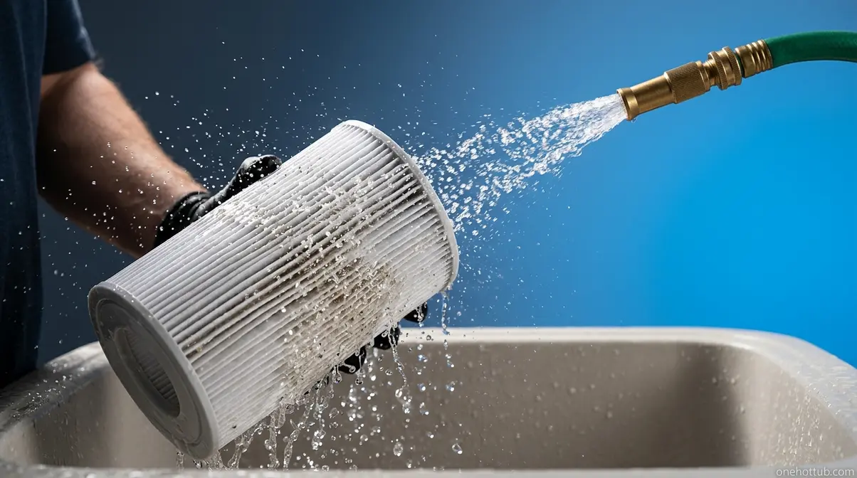 Cleaning a hot tub filter cartridge with a garden hose spray