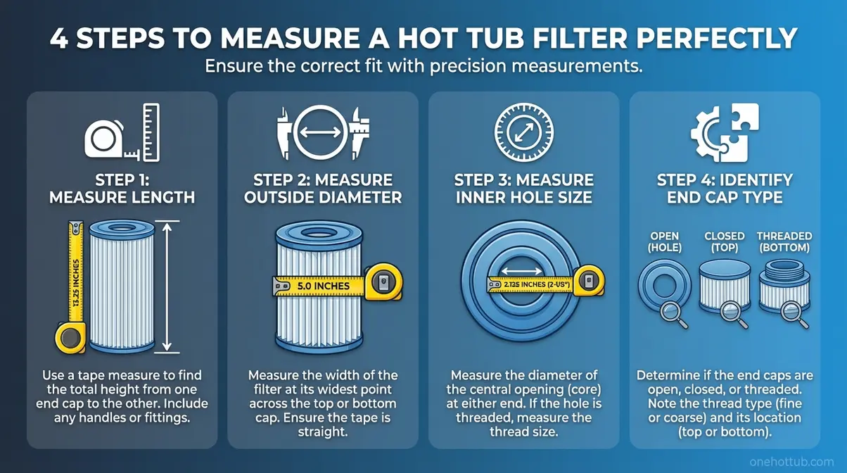 infographic showing 4 steps to measure hot tub filters uk including length, outside diameter, hole size and end cap type