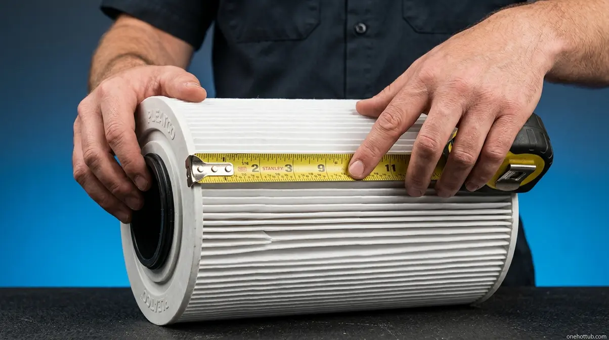 Person measuring a hot tub filter cartridge with a metal tape measure
