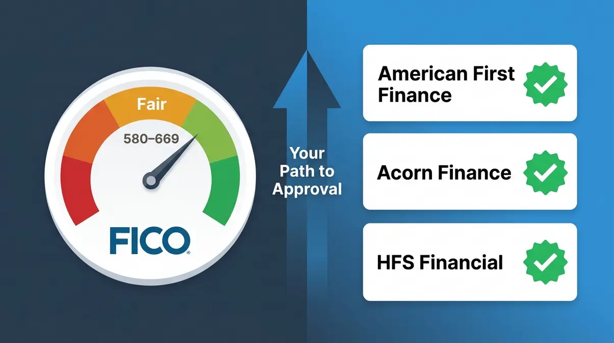 Best Hot Tub Financing 2026: 7 Options for Every Budget 3 Bad credit hot tub financing illustration showing FICO score gauge and three subprime lender approval paths