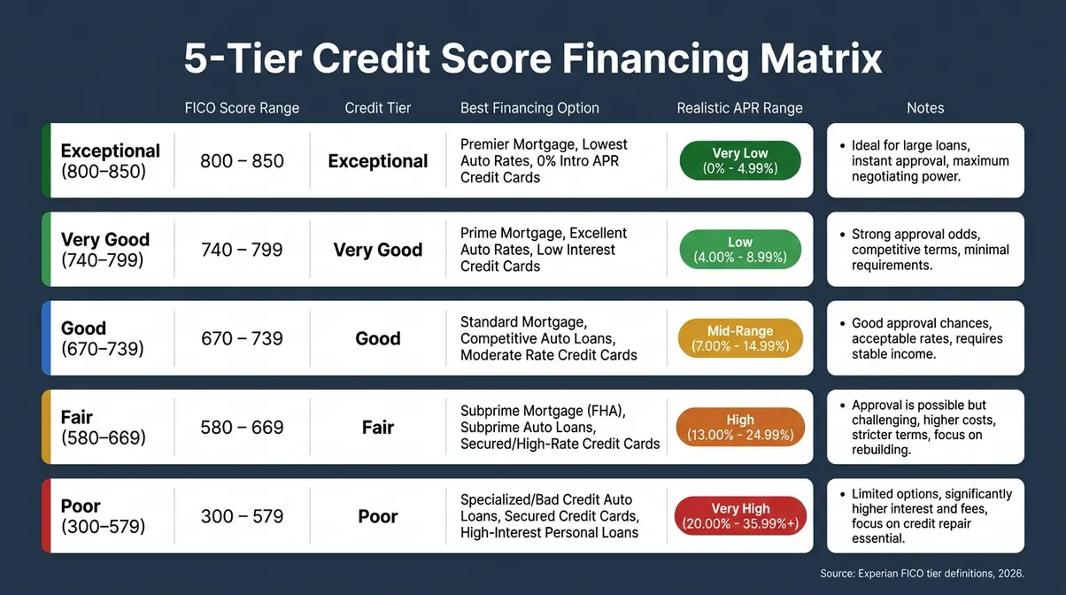 Best Hot Tub Financing 2026: 7 Options for Every Budget 5 Credit score matrix infographic mapping FICO tiers from 300 to 850 to hot tub financing options and APR ranges