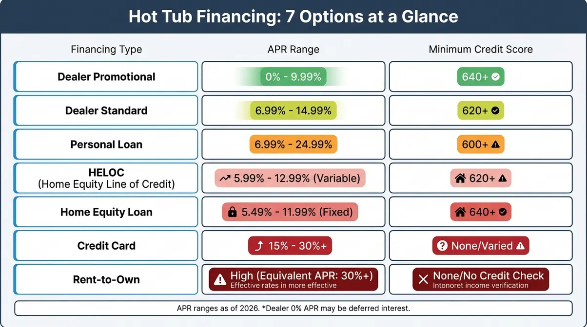Best Hot Tub Financing 2026: 7 Options for Every Budget 2 Infographic comparing seven hot tub financing options by APR range and minimum credit score requirements