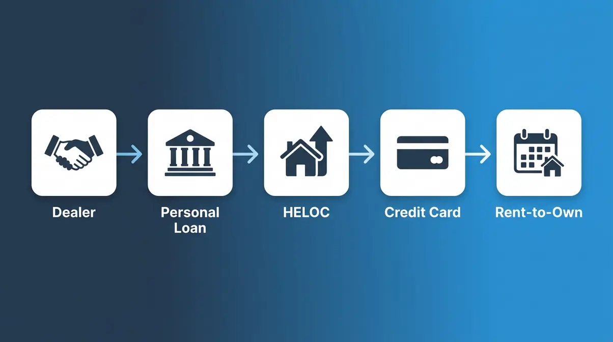 Best Hot Tub Financing 2026: 7 Options for Every Budget 1 Five hot tub financing options illustrated as icons on a gradient background showing dealer loan and HELOC paths