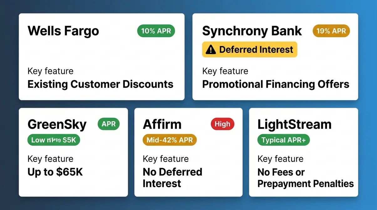 Best Hot Tub Financing 2026: 7 Options for Every Budget 6 Hot tub lender financing programs comparison cards showing Wells Fargo Synchrony GreenSky Affirm and LightStream APR rates