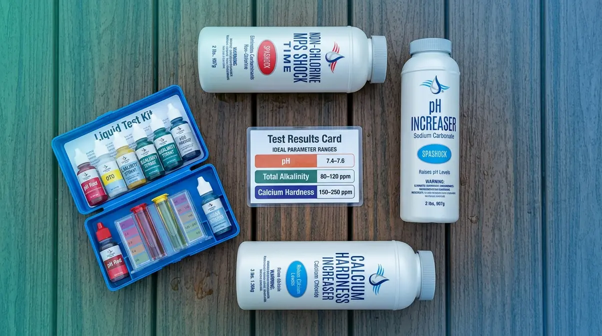 Hot tub chemistry fix supplies including shock test kit pH adjuster and calcium hardness increaser