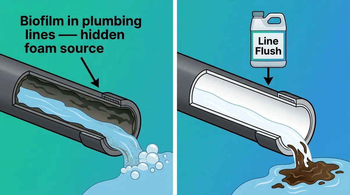 Illustration comparing hot tub plumbing pipe with biofilm buildup versus clean pipe after line flush treatment