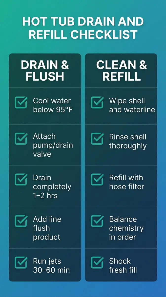 Illustrated checklist showing steps to drain flush and refill a hot tub to permanently fix hot tub foam causes