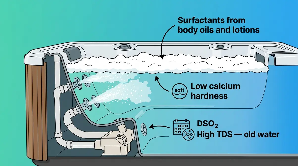 Illustration showing the three root causes of hot tub foam including surfactants chemistry and high TDS