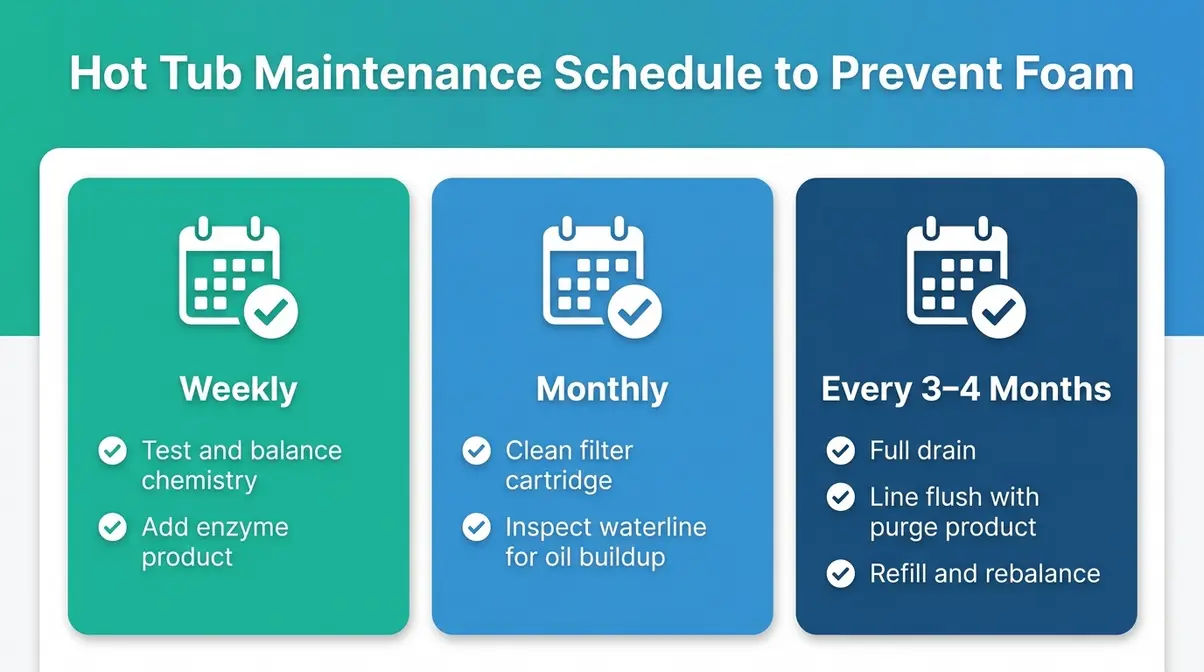 Maintenance schedule infographic showing weekly monthly and quarterly tasks to prevent hot tub foam causes from recurring