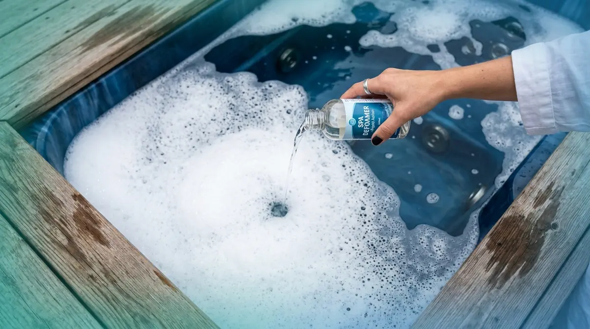 Person pouring spa defoamer directly onto hot tub foam with jets off for quick fix