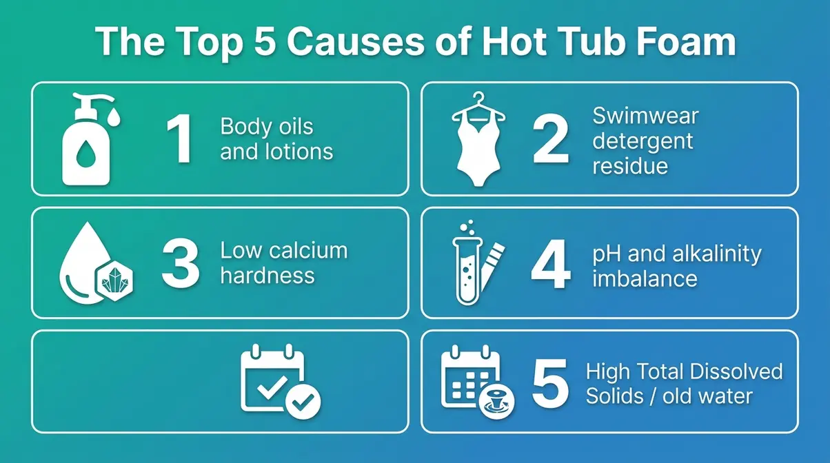 Infographic showing the top five hot tub foam causes including surfactants, body oils, and chemical imbalance