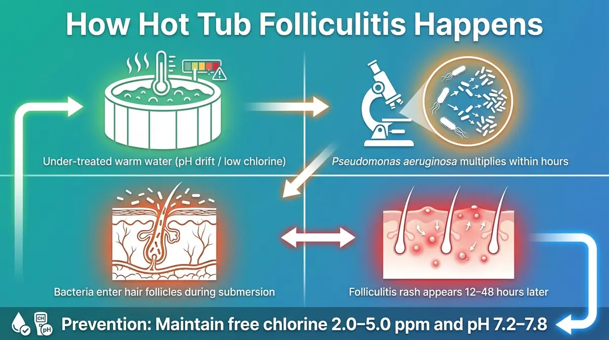 Infographic showing how Pseudomonas aeruginosa bacteria multiply in poorly maintained hot tub water and cause folliculitis skin rash