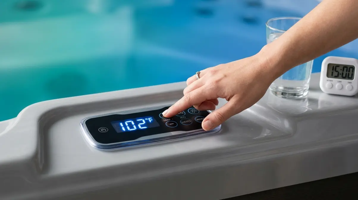 Hot Tub for Arthritis Relief: The 2026 Hydrotherapy Guide 3 Person adjusting hot tub temperature control panel to safe arthritis therapy range of 102 degrees