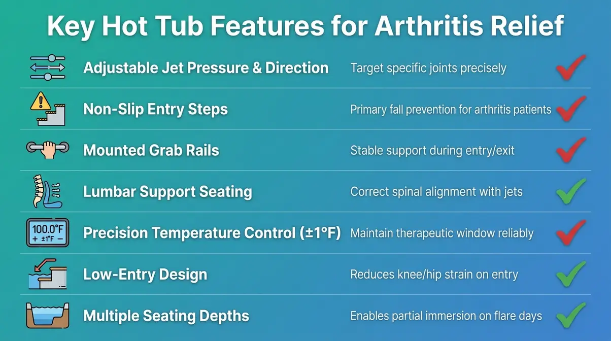 Hot Tub for Arthritis Relief: The 2026 Hydrotherapy Guide 8 Hot tub features checklist infographic for arthritis relief showing therapeutic and safety specifications