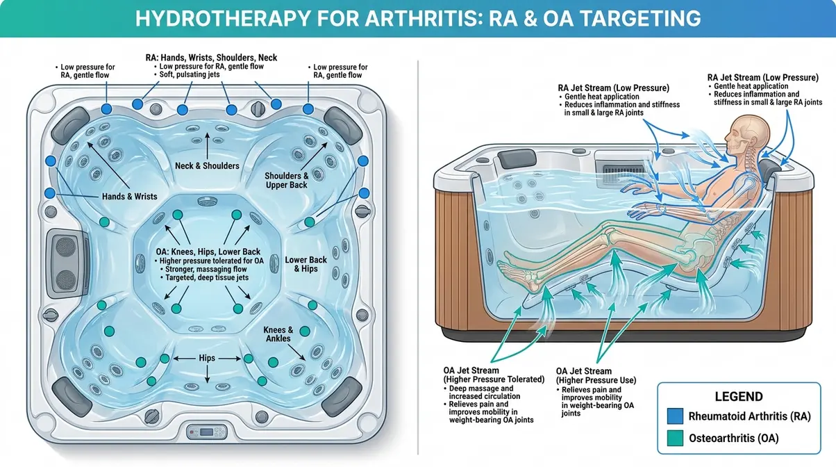 Hot Tub for Arthritis Relief: The 2026 Hydrotherapy Guide 6 Hot tub jet placement diagram for rheumatoid arthritis and osteoarthritis pain relief positions