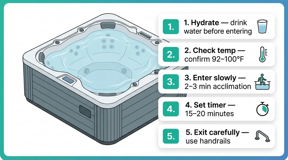 Five-step safe hot tub entry protocol for arthritis patients showing temperature and duration guidelines