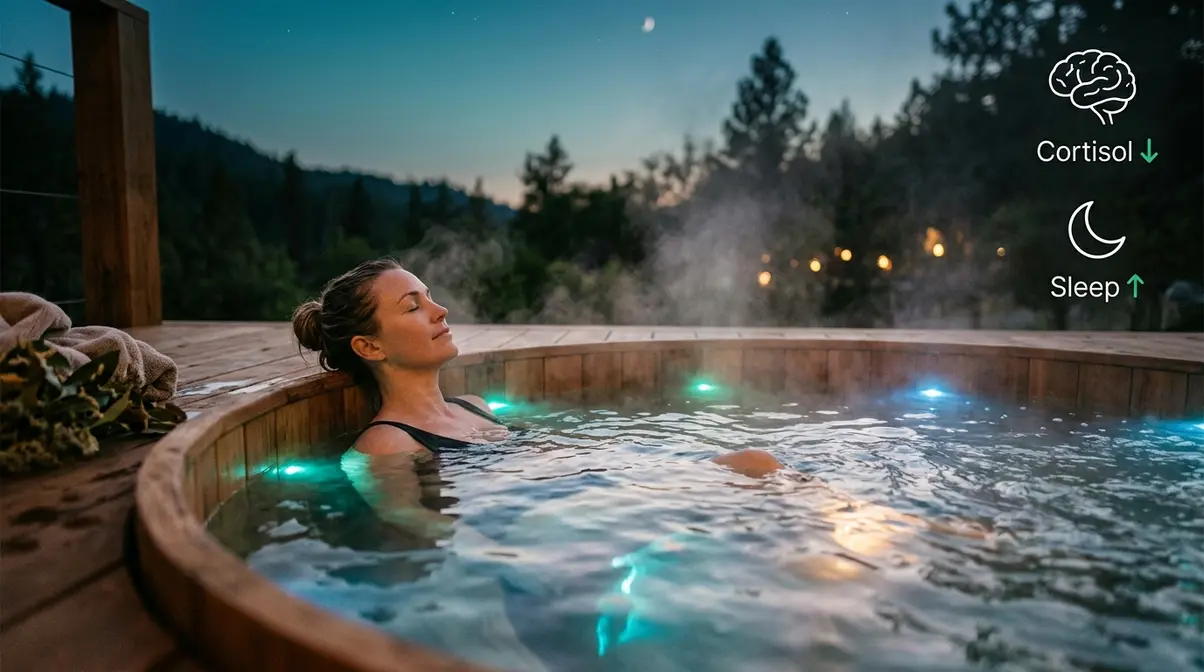 Person relaxing in hot tub at evening for stress relief and improved sleep quality