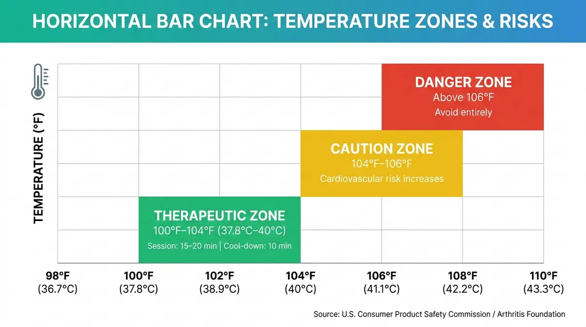 Hot Tub for Arthritis Relief: The 2026 Hydrotherapy Guide 4 Hot tub temperature safety chart showing therapeutic range of 100 to 104 degrees Fahrenheit for arthritis