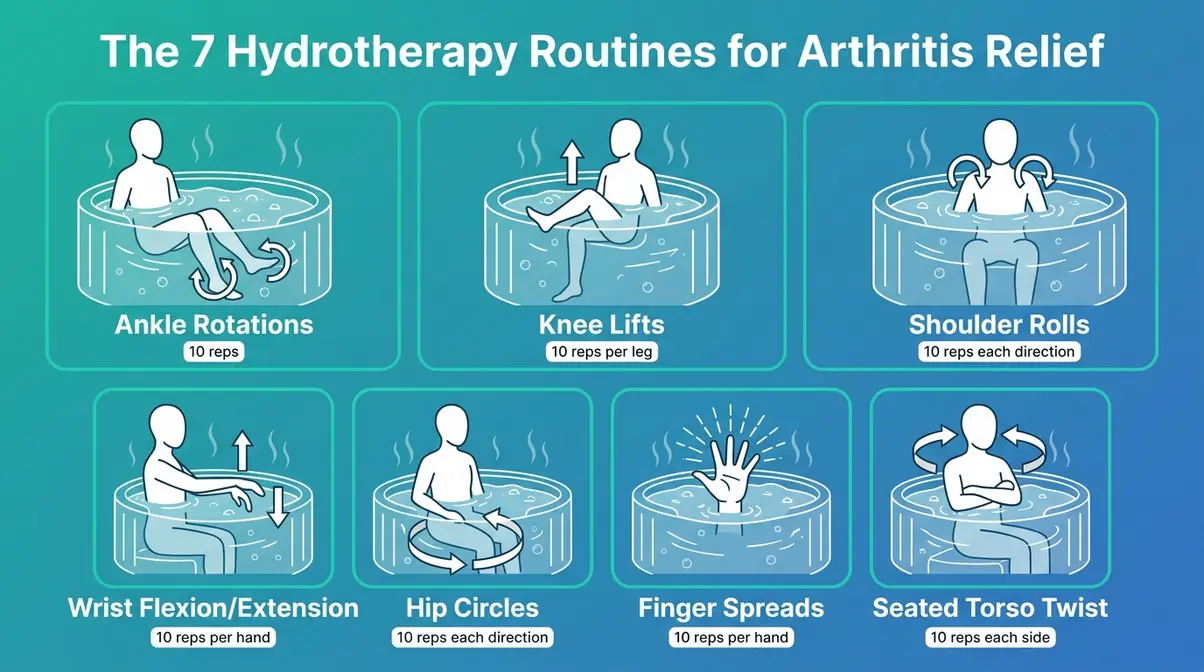 Hot Tub for Arthritis Relief: The 2026 Hydrotherapy Guide 5 Hydrotherapy exercise diagram showing seven arthritis relief routines for use in a hot tub