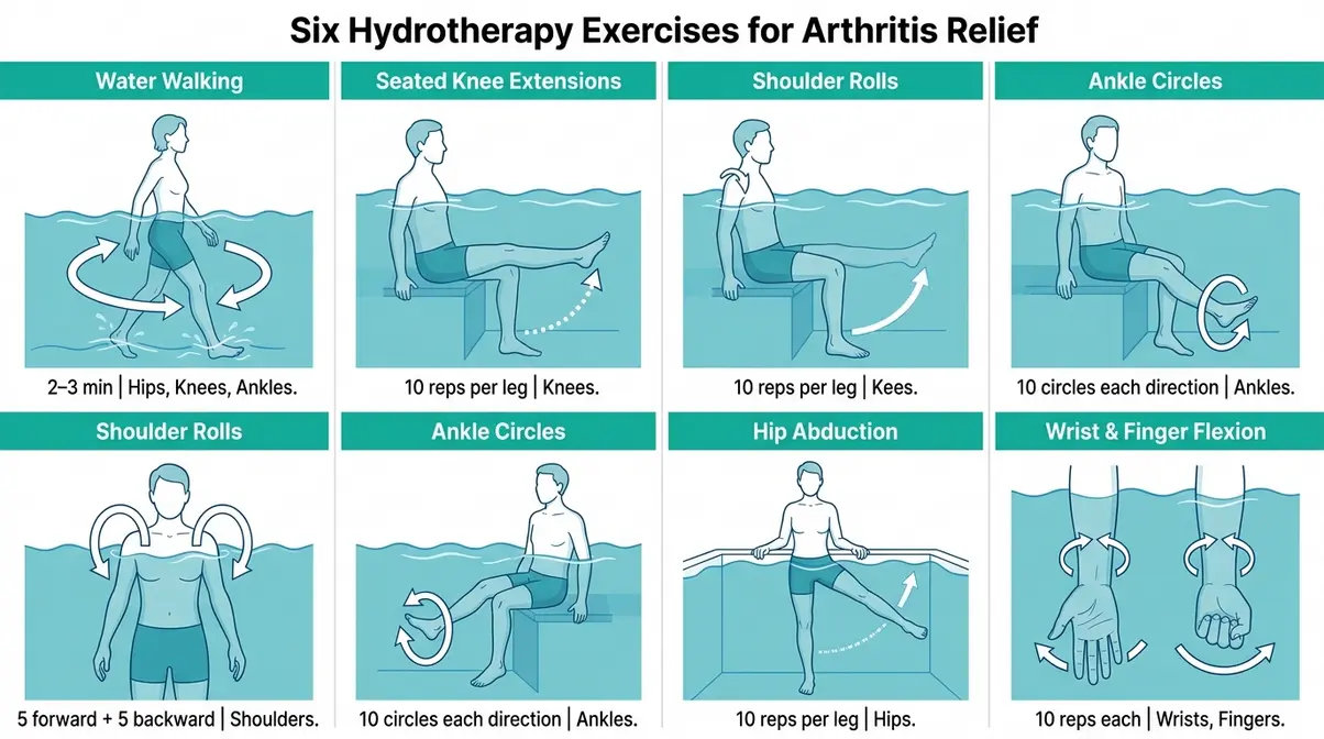 Six gentle hydrotherapy exercises for arthritis relief in a hot tub illustrated multi-panel diagram