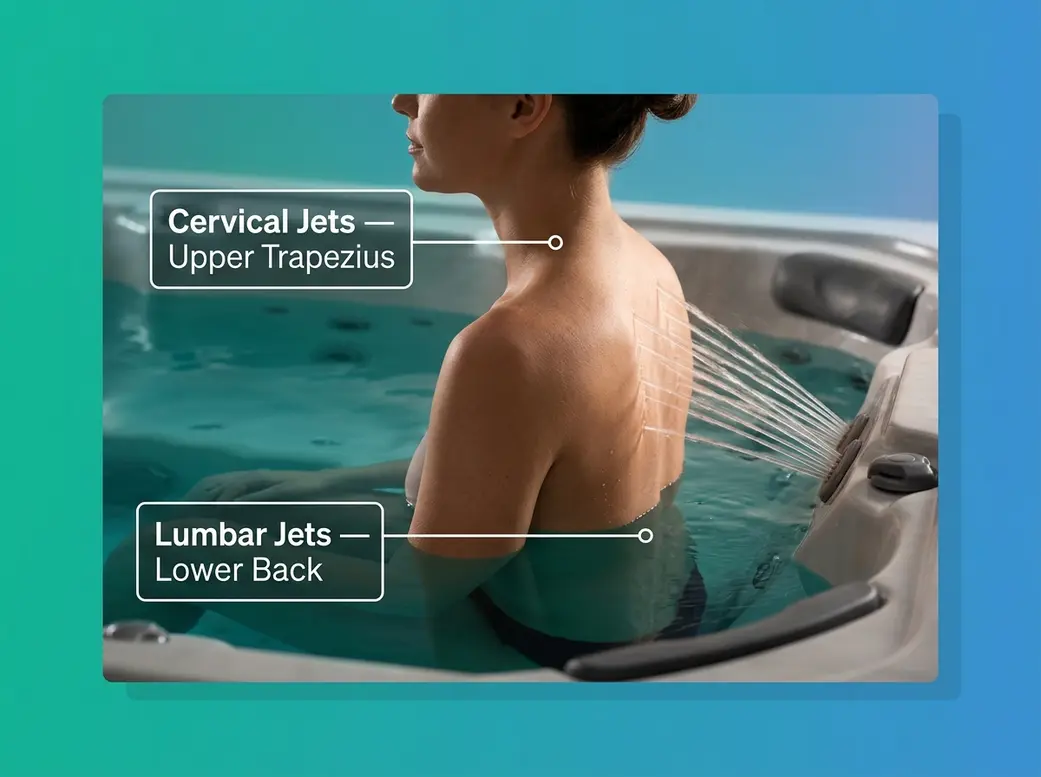 Person using hot tub jets for neck pain and upper back arthritis relief in therapeutic session
