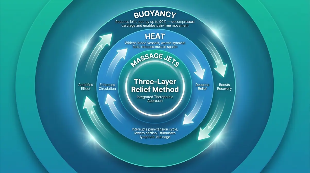 Hot Tub for Arthritis Relief: The 2026 Hydrotherapy Guide 2 Hot tub arthritis relief infographic showing Three-Layer Relief Method of buoyancy, heat, and massage jets