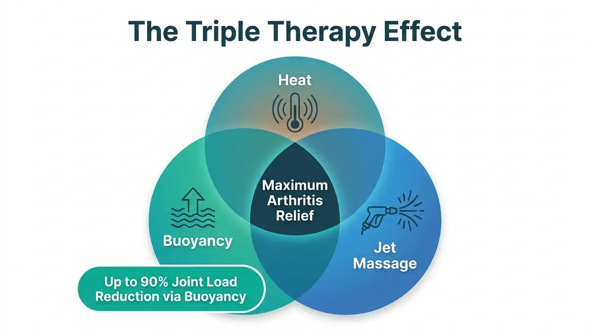 Hot tub for arthritis relief Triple Therapy Effect hydrotherapy infographic showing buoyancy, heat, and jet massage
