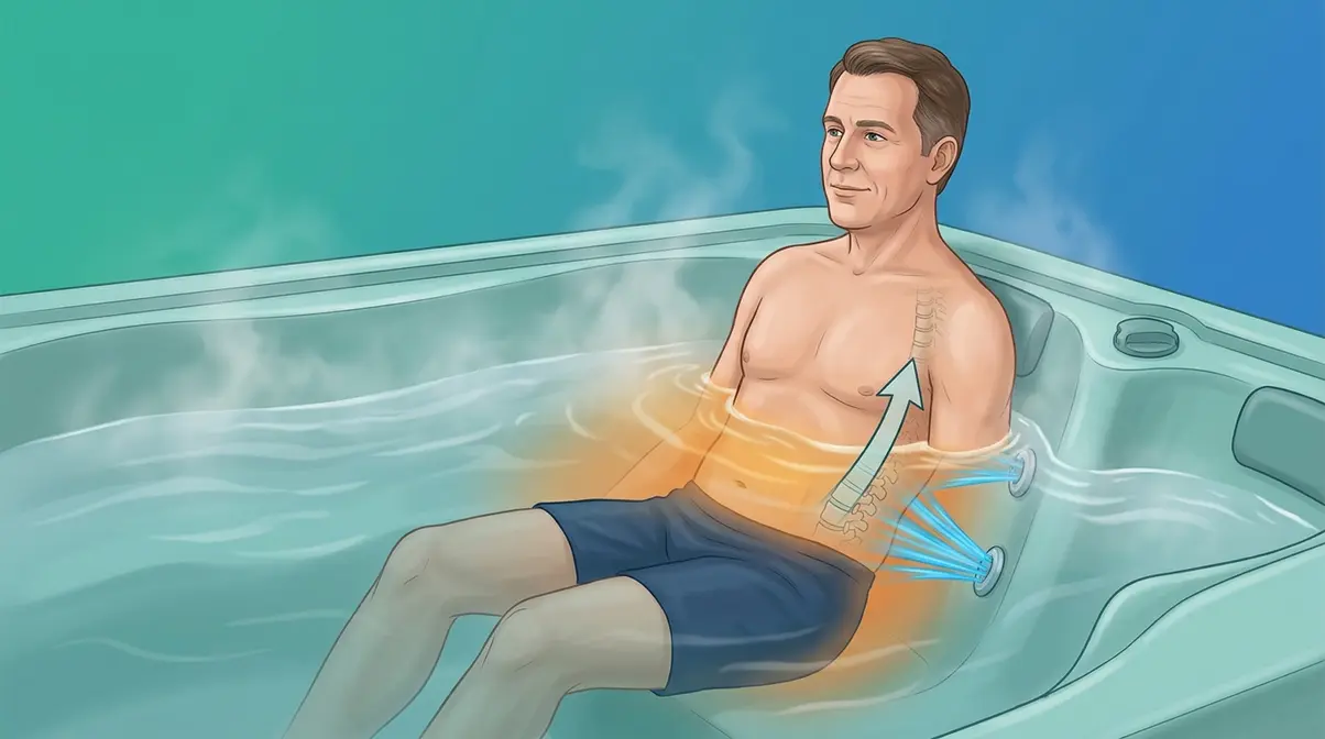 Hot Tub for Lower Back Pain Relief: Complete Guide 2026 1 Medical illustration showing how hydrotherapy relieves lower back pain through heat buoyancy and jets