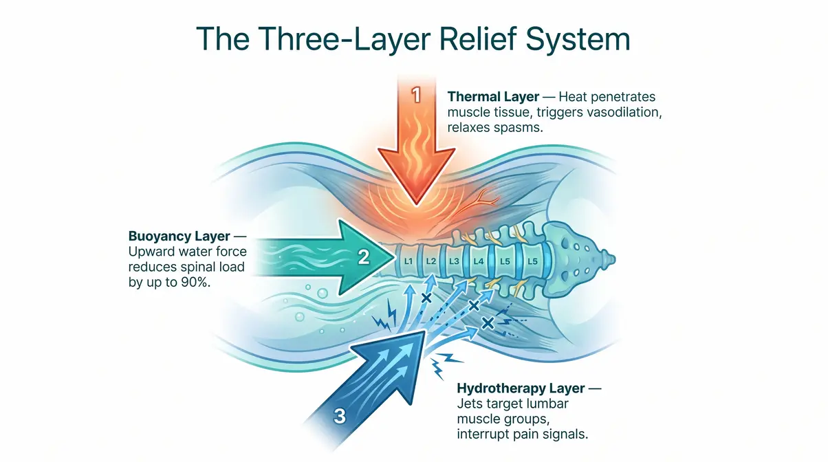 Hot Tub for Lower Back Pain Relief: Complete Guide 2026 2 Infographic showing how a hot tub for lower back pain relief works through heat, buoyancy, and hydrotherapy jets