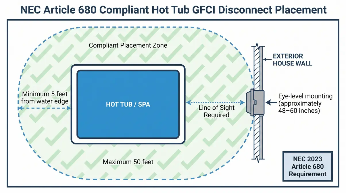 Diagram showing NEC-compliant hot tub GFCI disconnect box placement 5 to 50 feet from spa water edge