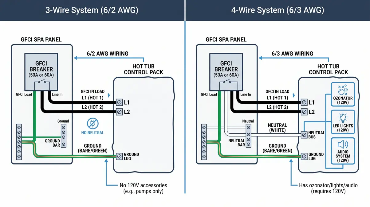 Diagram comparing 3-wire 6/2 and 4-wire 6/3 hot tub GFCI breaker wiring configurations side by side