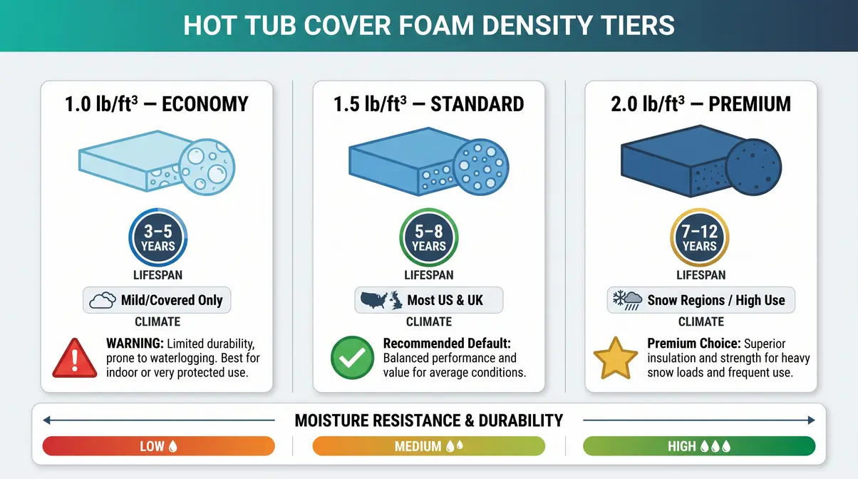 Hot Tub Hard Cover Buying Guide: Choose the Best Cover 4 Hot tub cover foam density comparison chart showing 1.0 1.5 and 2.0 pound options with lifespan and climate suitability