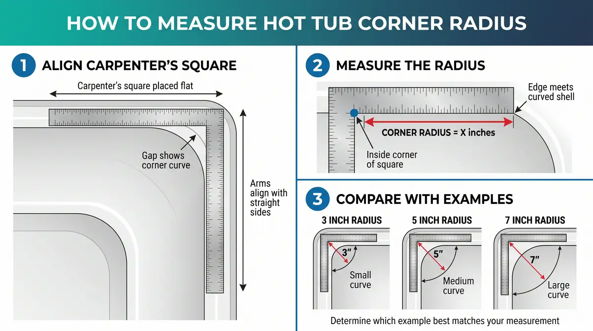 Hot Tub Hard Cover Buying Guide: Choose the Best Cover 11 Step by step diagram showing how to measure hot tub cover corner radius using a carpenter's square on the spa shell