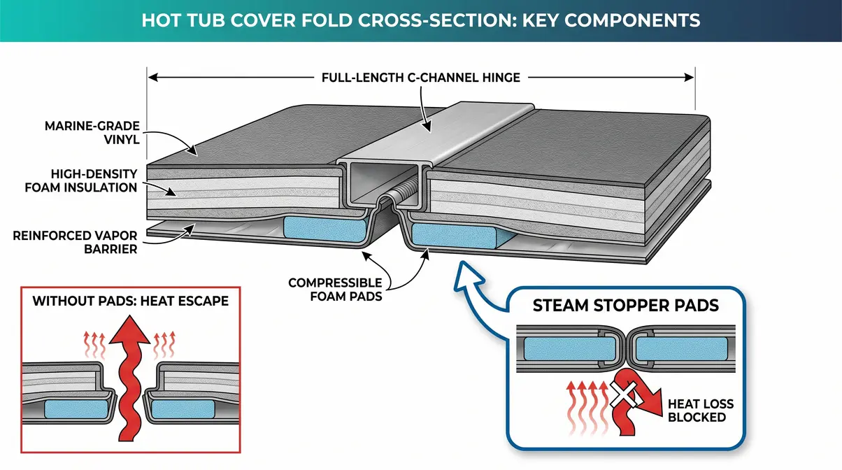 Hot Tub Hard Cover Buying Guide: Choose the Best Cover 9 Hot tub cover cross-section diagram showing C-channel reinforced hinge and steam stopper pad locations at center fold