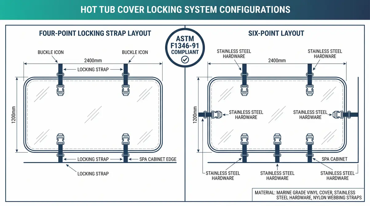Hot Tub Hard Cover Buying Guide: Choose the Best Cover 8 Hot tub cover locking strap placement diagram showing four point and six point strap configurations for ASTM safety compliance