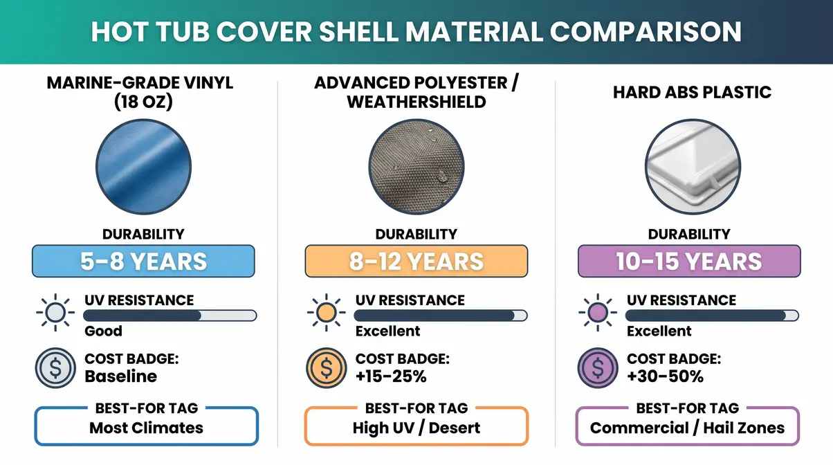 Hot Tub Hard Cover Buying Guide: Choose the Best Cover 7 Hot tub cover material comparison showing marine grade vinyl vs advanced polyester vs hard ABS plastic durability and UV resistance