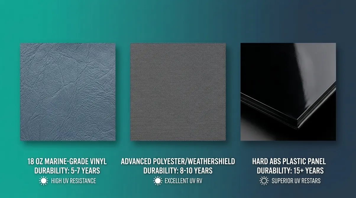 Hot Tub Hard Cover Buying Guide: Choose the Best Cover 6 Hot tub cover shell material samples showing marine vinyl advanced polyester and hard ABS plastic side by side