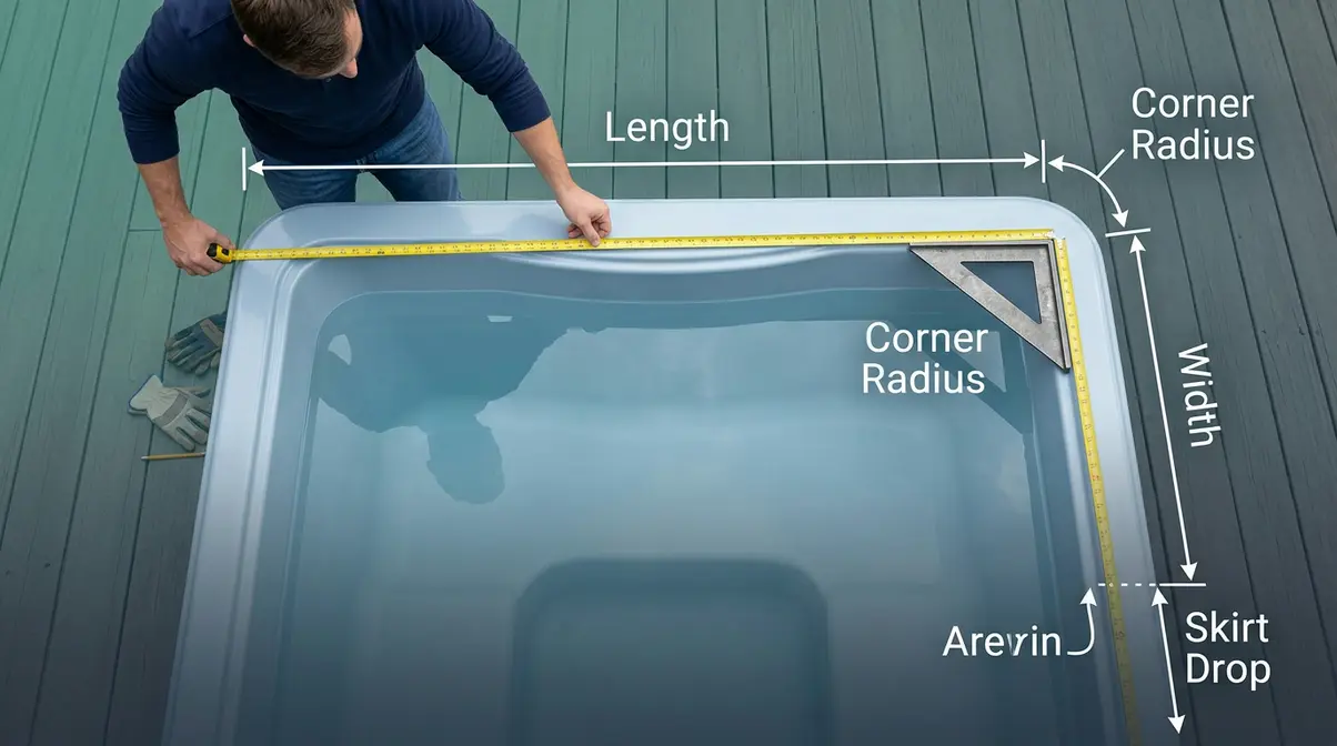 Hot Tub Hard Cover Buying Guide: Choose the Best Cover 10 Person measuring hot tub shell with tape measure and carpenter's square for cover ordering