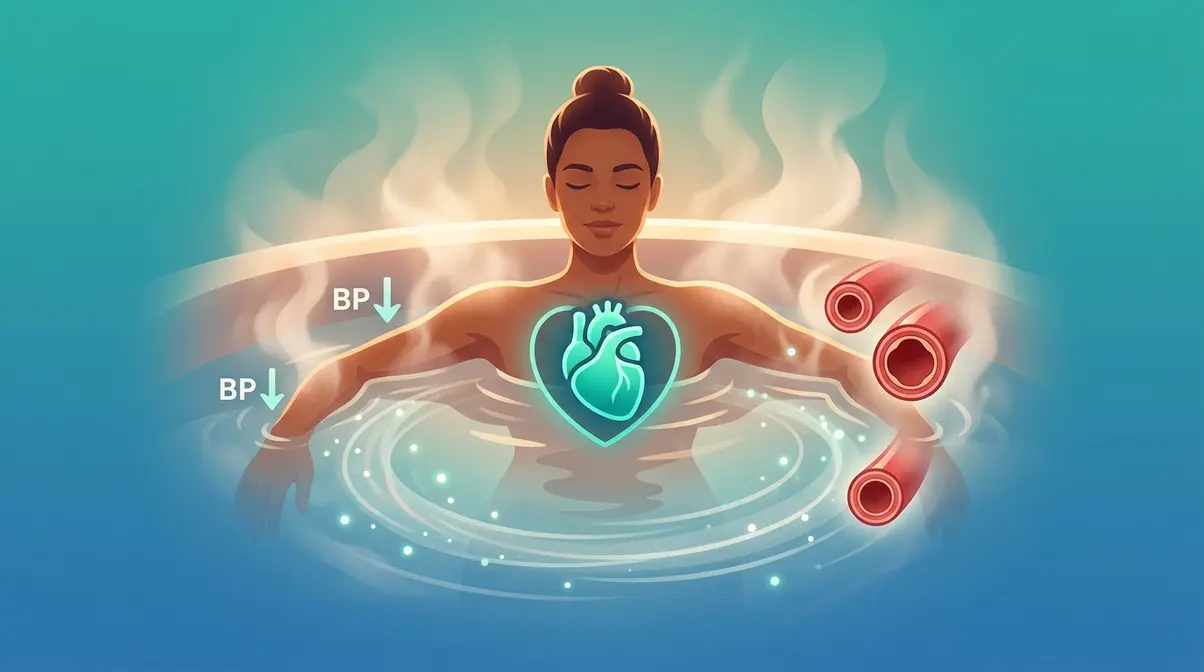 Hot Tub Health Benefits: 7 Science-Backed Facts (2026) 3 Hot tub cardiovascular health benefit showing person soaking with heart health and blood pressure improvement indicators