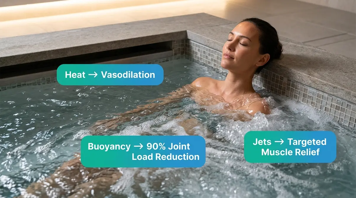 Person soaking in hot tub with jets active showing the three mechanisms of hydrotherapy therapy