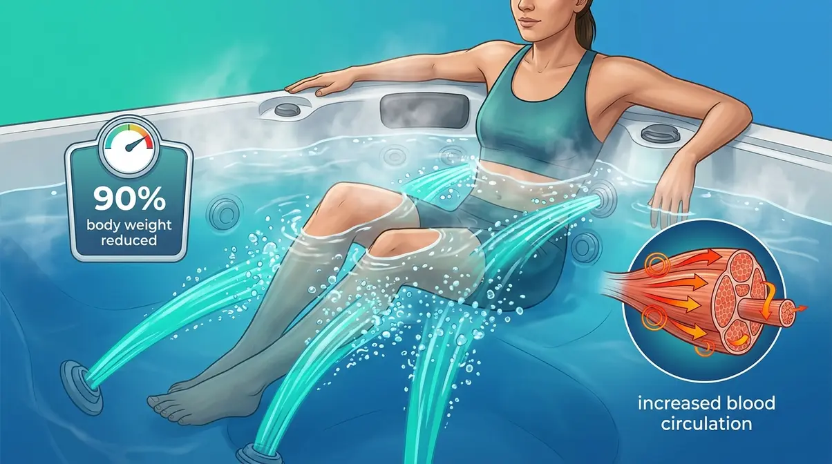 Hot Tub Health Benefits: 7 Science-Backed Facts (2026) 5 Hot tub muscle recovery and joint relief showing hydrotherapy jets targeting sore muscles with buoyancy reducing body weight