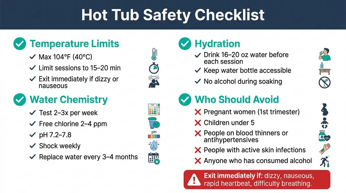 Hot Tub Health Benefits: 7 Science-Backed Facts (2026) 11 Hot tub safety checklist infographic showing temperature limits water chemistry guidelines and populations who should avoid hot tubs