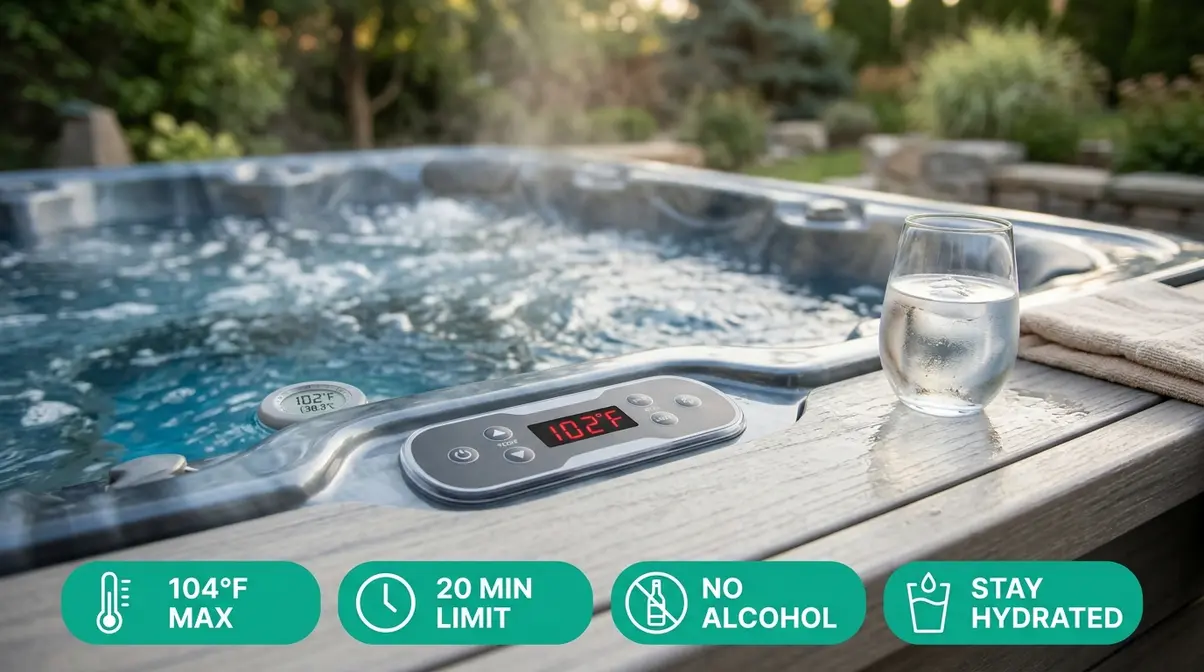 Hot tub thermometer at safe temperature with safety guideline icons for duration and hydration